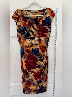 Floral Wrap-Style Midi Dress in Burgundy, Navy & Dark Gold